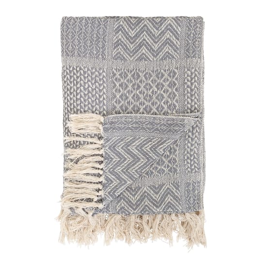 Bloomingville Gray Cotton Blend Knit Throw Blanket with Fringe